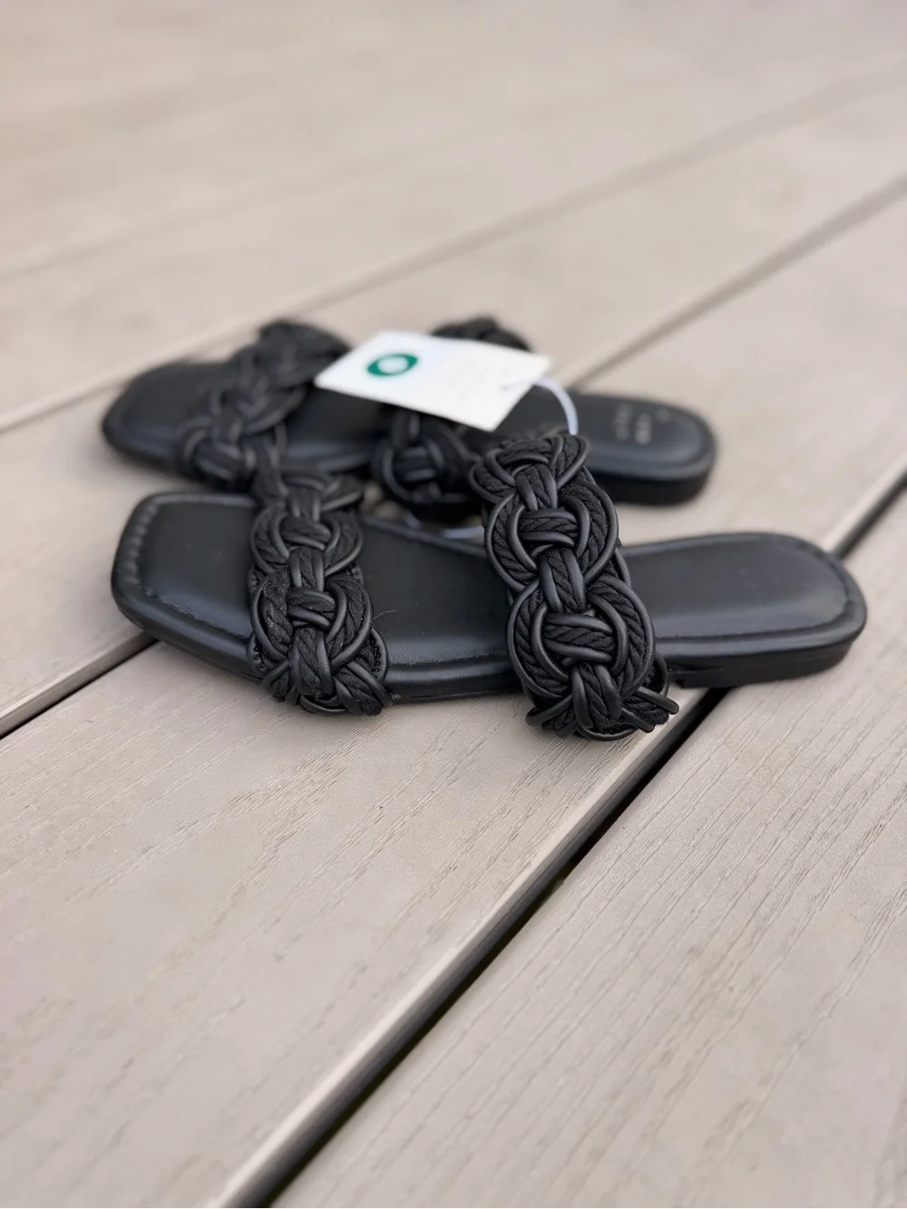 Black Braided Double Strap Open Toe Slide Sandals Flat Shoes